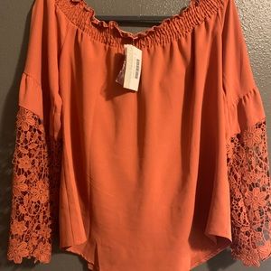 New! Boutique Sandstone off shoulder blouse with crochet sleeves